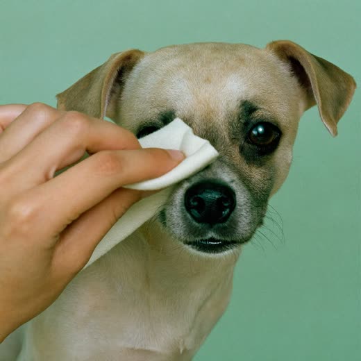 A small dog having its ears gently checked